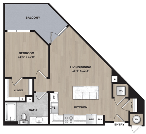 Floor plan for 1 bed, 1 bath, 744 sqft